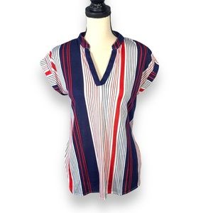 No Boundaries Striped Blue Red White Crochet Lace Short Sleeve Shirt Size Large